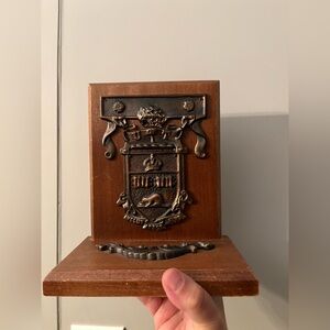 Vintage University of Toronto Crest Bookend – Solid Wood & Metal – Rare Single
